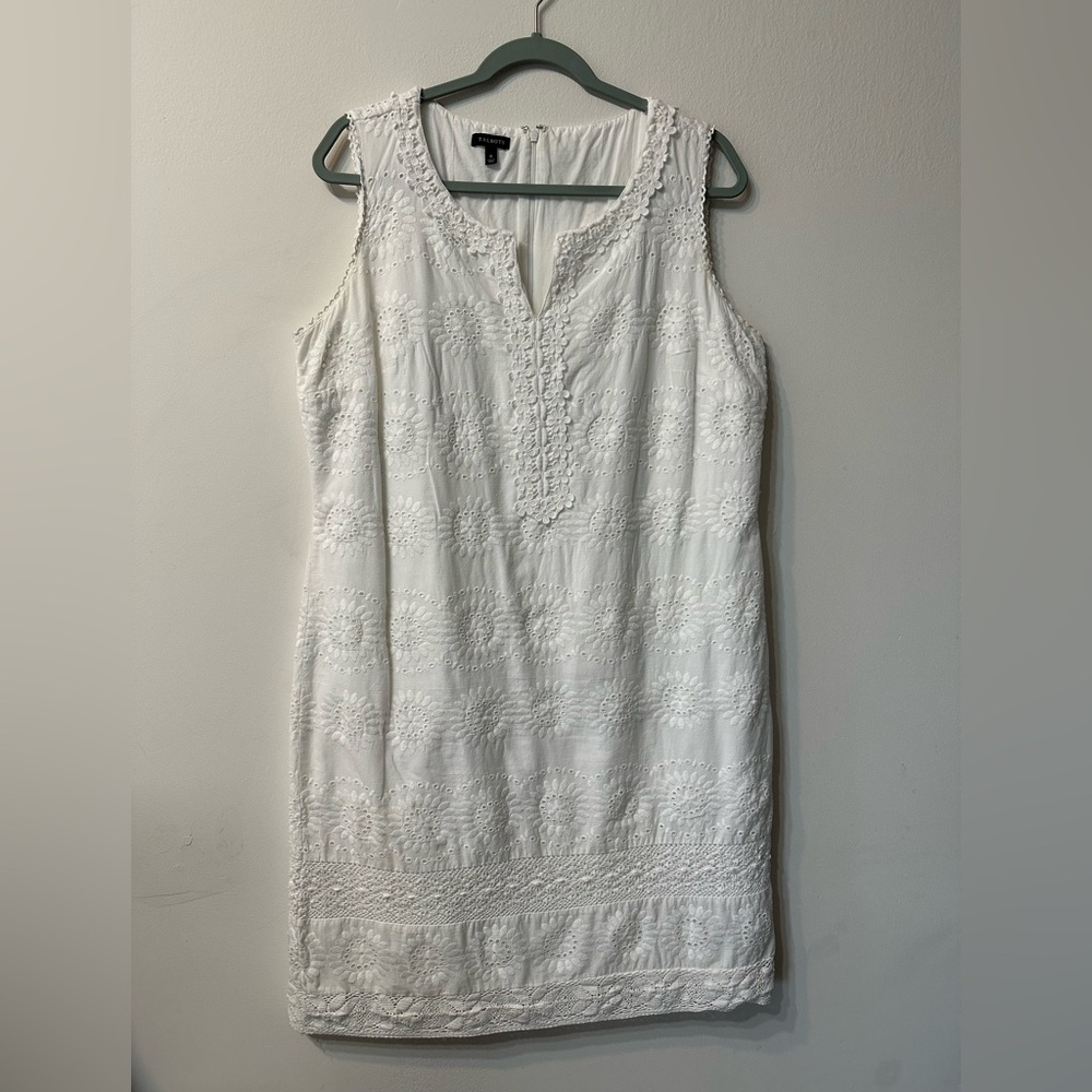 Talbots Embroidered Floral Sleeveless Eyelet Shift Dress White Cotton Size 16